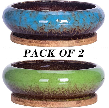 ARTKETTY Succulent Pots, 7.3 Inch Succulent Planters with Drainage Pack of 2, Shallow Bonsai Pot with Tray Ceramic Pots for Indoor Plants Large Cactus Flower Plant Bowl