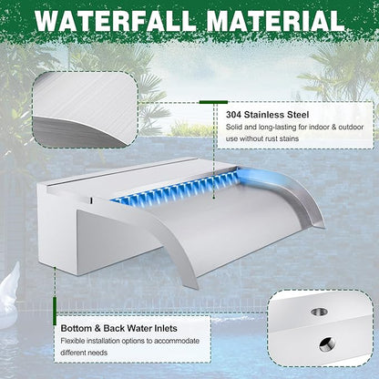 Waterfall Pool Fountain, LONGRUN Stainless Steel Waterfall Spillway for Pools and Ponds - 11.8" Wide Decorative Water Feature for Swimming Pools, Koi Ponds, and Garden