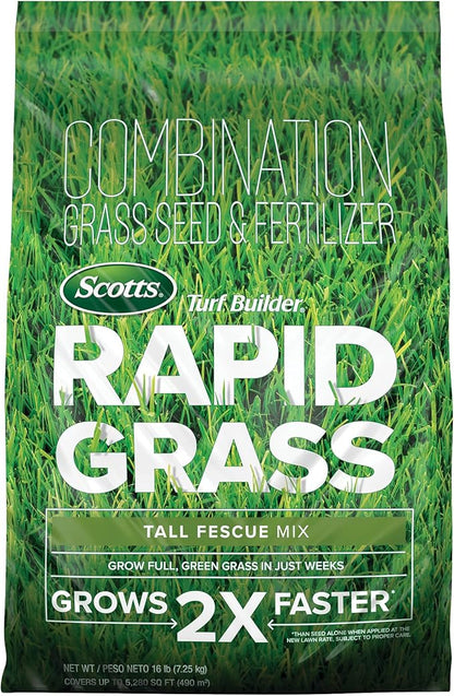 Scotts Turf Builder Rapid Grass Tall Fescue Mix, Combination Grass Seed and Fertilizer, Grows Green Grass in Just Weeks, 16 lbs.