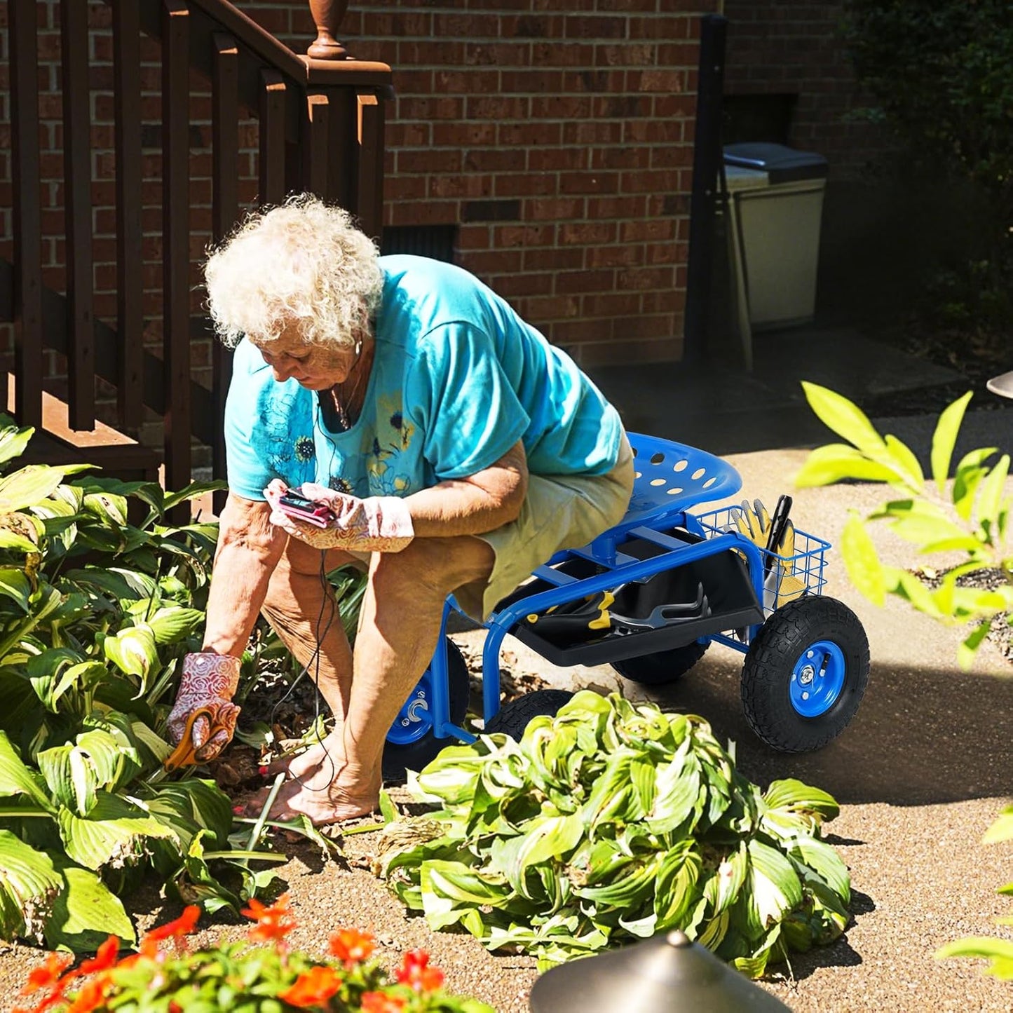 Giantex Rolling Garden Work Seat, 360 Swivel Gardening Workseat with Wheels, Tool Basket, Adjustable Height, Outdoor Scooter for Sitting, Gardening Stool Chair for Planting Trimming, Blue