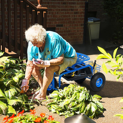 Giantex Rolling Garden Work Seat, 360 Swivel Gardening Workseat with Wheels, Tool Basket, Adjustable Height, Outdoor Scooter for Sitting, Gardening Stool Chair for Planting Trimming, Blue