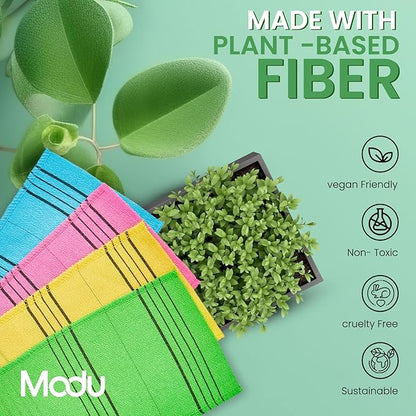 Modu Korean Exfoliating Mitts Large 4PCS (Green, Yellow, Sky Blue, Pink) – Exfoliating Gloves Body Scrubber Italy Towel Washcloth for Korean Spa at Home, Dead Skin Remover, 100% Vegan Viscose