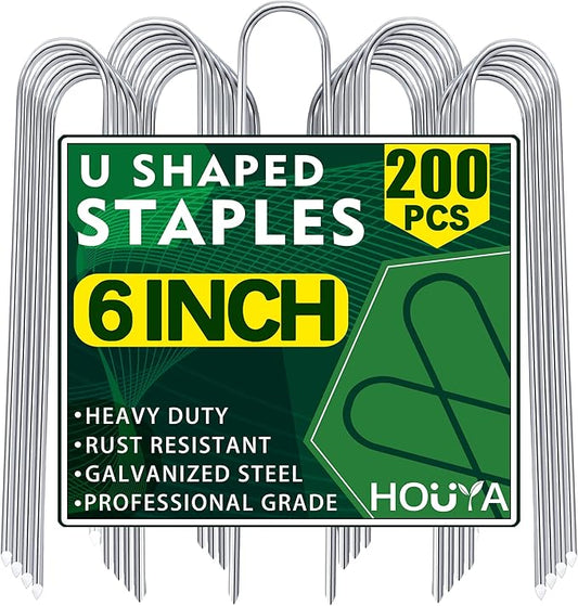 200 Pack Garden Stakes 6 Inch U-Shaped Drip Irrigation Stakes Galvanized Landscape Staples Garden Pins Ground Stakes for Soaker Hose Drip Line Tubing Yard Lawn Staples