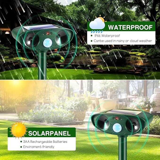 4Pack Solar Ultrasonic Animal Repellent Outdoor Deer Repellent Devices with Motion Detection Dog Squirrel Raccoon Cat Deterrent,2025 Keep Rodent Chipmunk Rabbit Away for Yard Garden Lawn