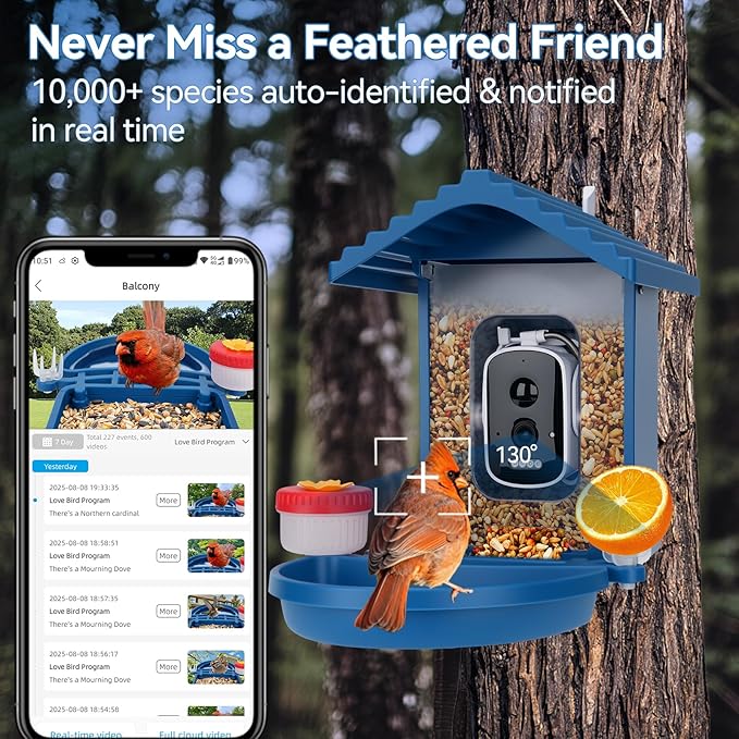 Bird Feeder with Camera Solar Powered, 2.5K HD Video Bird House Live View, Smart AI Bird Species Identification for Outside Garden,Birds Bath,Ideal Gift for Birds Lover (Blue)
