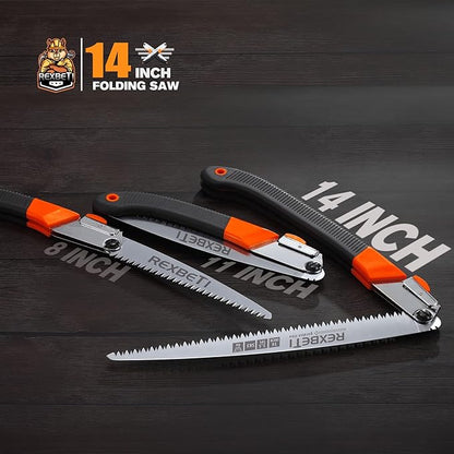 REXBETI Folding Saw, 14 Inch Blade for Dry Wood Trimming and Pruning, 4 Cutting Angles, SK-5 Steel