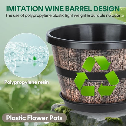 Uneed 10 Inch Whiskey Barrel Planter Pots, 4 Pack Plastic Flower Pots with Drainage Holes & Saucers, Retro Outdoor Pots for Plants, Patio, Lawn Decor (Brown)