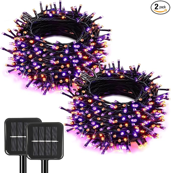 2-Pack Solar String Lights,78Ft Extra-Long 200 LED Waterproof Solar Halloween Lights, 8 Modes for Garden, Patio, Wedding (Purple & Orange)