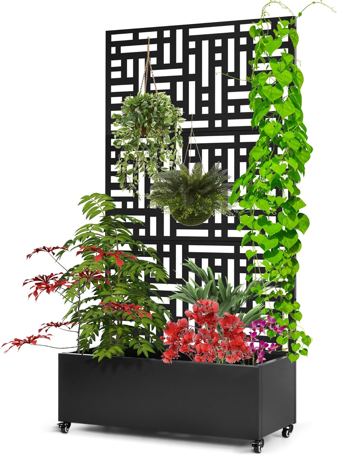 Metal Planter Box with Trellis,71”Raised Garden Bed with Trellis Privacy Screen and Drainage.Wheeled for Patio Flexibility,for Climbing Veggies/Flowers.DIY-Friendly Design