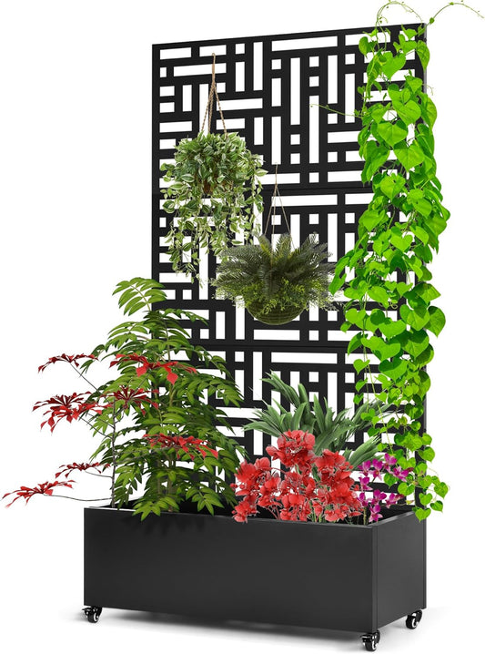 Metal Planter Box with Trellis,71”Raised Garden Bed with Trellis Privacy Screen and Drainage.Wheeled for Patio Flexibility,for Climbing Veggies/Flowers.DIY-Friendly Design