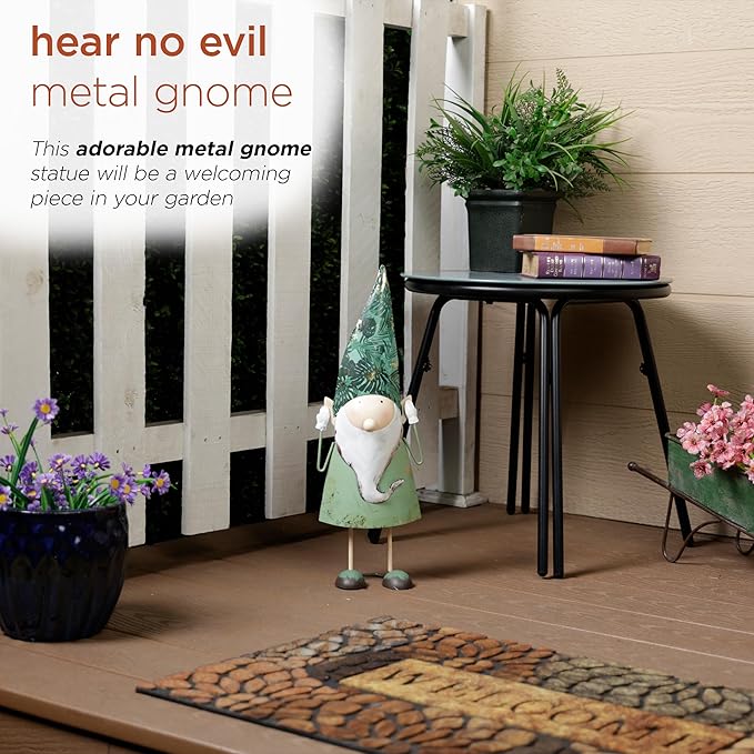 Alpine Corporation - 19" Tall Outdoor Garden Gnome Yard Decoration - Metal Statue with Hear No Evil Expression - Durable, Weatherproof Lawn Sculpture for Patio, Deck, Yard