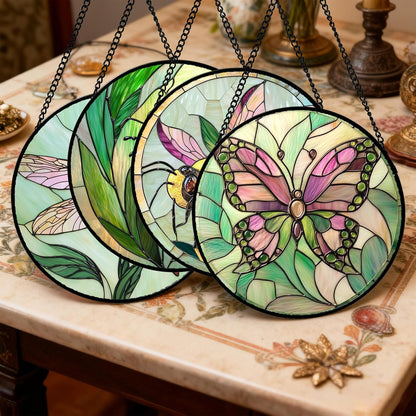 Stained Glass Window Hanging 4 Pcs Set Pink Green Insect Theme Large 11.8" - Butterfly Suncatcher Door Garden Sun Catcher Decor Birthday Christmas for Mom Woman Nana Men