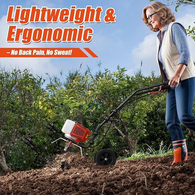 62cc Gas Tiller Cultivator, 10-Inch 2-Cycle Gas Powered Garden Tiller for Heavy Duty Soil, Self-Propelled Lawn Tiller with 4 Steel Tines & Adjustable Handle, Easy Pull Start for Clay/Dirt