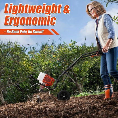 62cc Gas Tiller Cultivator, 10-Inch 2-Cycle Gas Powered Garden Tiller for Heavy Duty Soil, Self-Propelled Lawn Tiller with 4 Steel Tines & Adjustable Handle, Easy Pull Start for Clay/Dirt