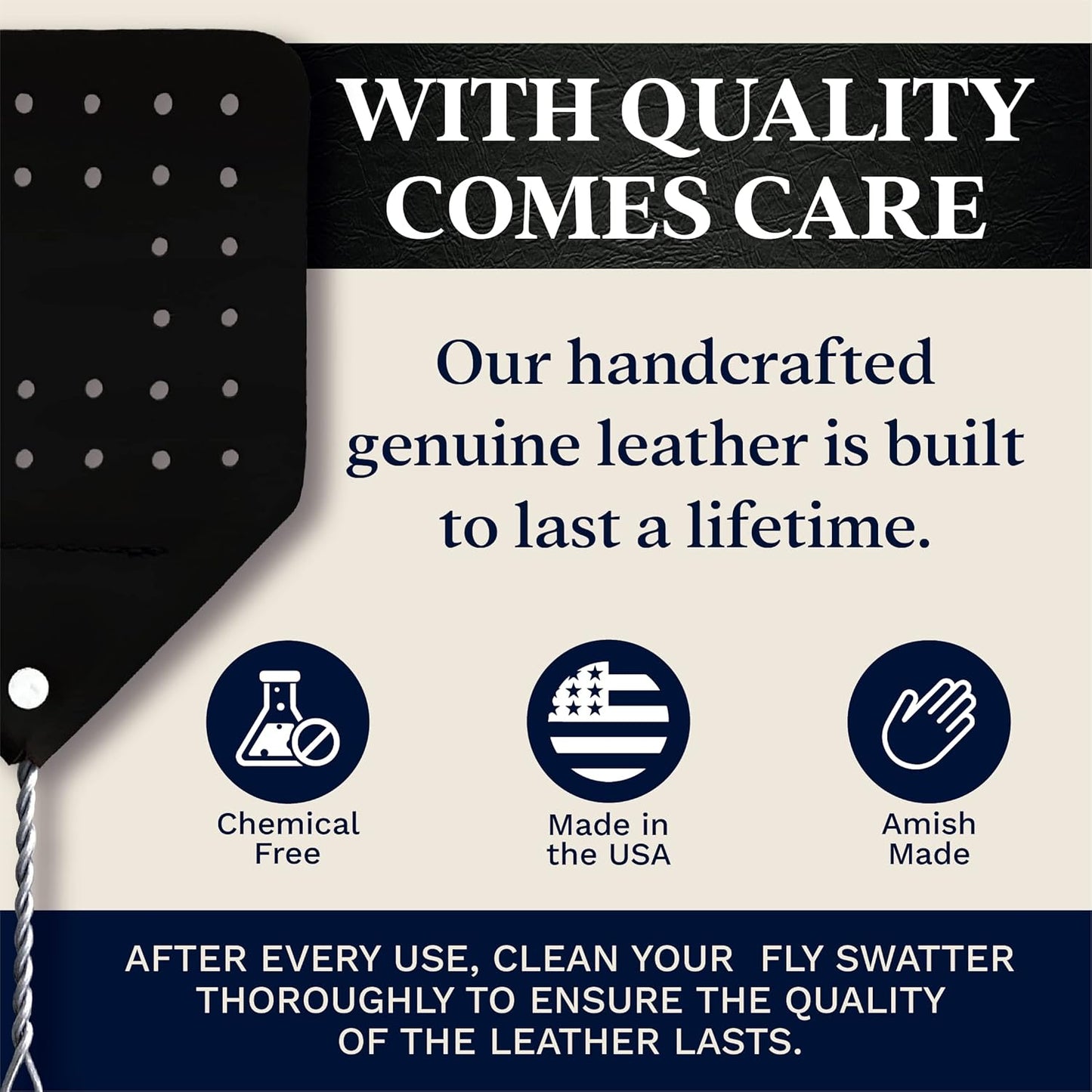 Leather Fly Swatter Set (3 Pack) – 17” Amish-Made Fly Swat w/Real Leather Paddle – Fly Swatters Multi Pack w/Metal Handle – Bug Swatter, Mosquito Swatter, Wasp Swatter (Black)