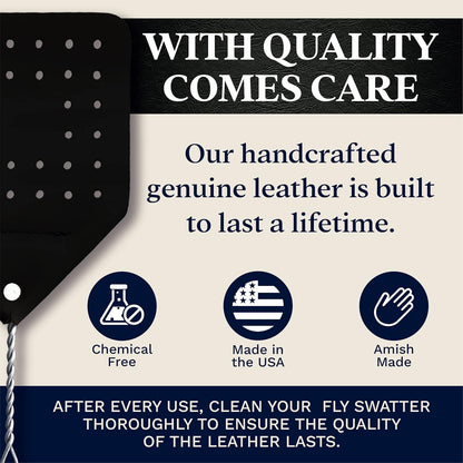 Leather Fly Swatter Set (1 Pack) – 17” Amish-Made Fly Swat w/Real Leather Paddle – Fly Swatters Multi Pack w/Metal Handle – Bug Swatter, Mosquito Swatter, Wasp Swatter (Black)