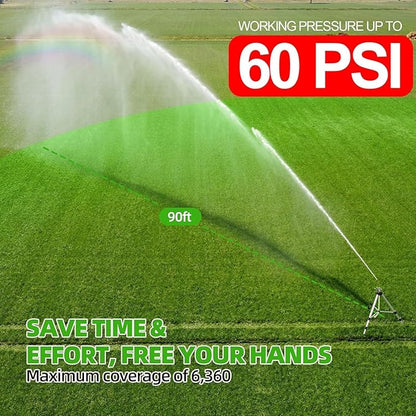 SPECILITE Brass Impact Sprinkler on Tripod Base, 50” Heavy Duty Metal Pulsating Telescoping Sprinkler, 360 Degree Irrigation for Large Area, Yard, Lawn, Waters up to 90ft, Covering up to 6360sqft