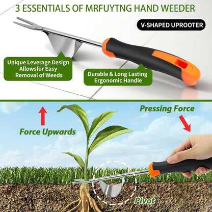 Upgraded Stainless Steel Hand Weeder Tool with Soft Rubber Grip | Manual Weed Extractor with Root Removal Function 4-Tine Slot Weeder for Crevices Garden Weeding Master Kit (3-Pack)