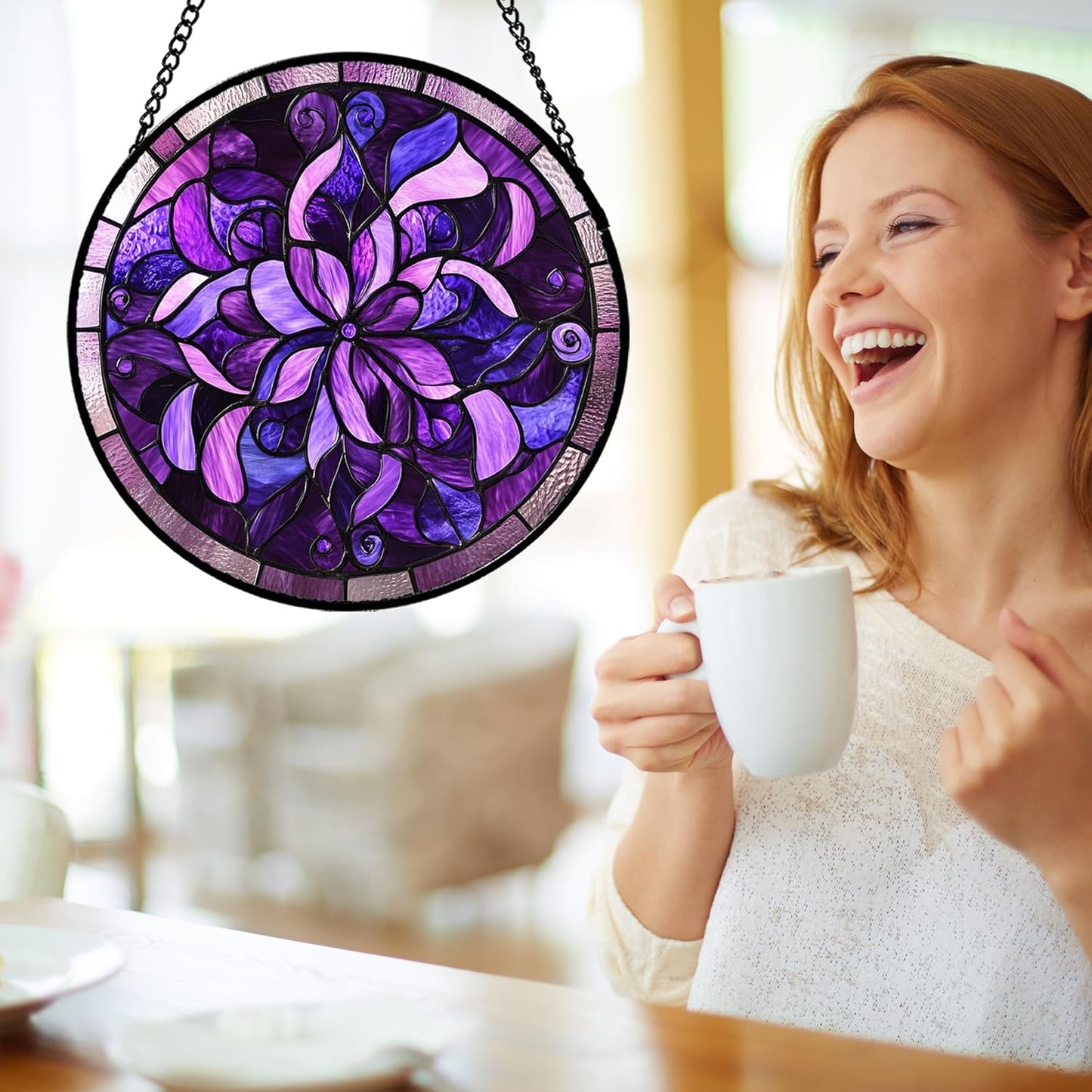 Stained Glass Window Hanging - Purple Abstract Flower Suncatcher for Door Garden Patio Sun Catchers Decor Christmas Mother's Day Birthday Gifts for Women Men Mom Nana Aunt Friend 11.8 in