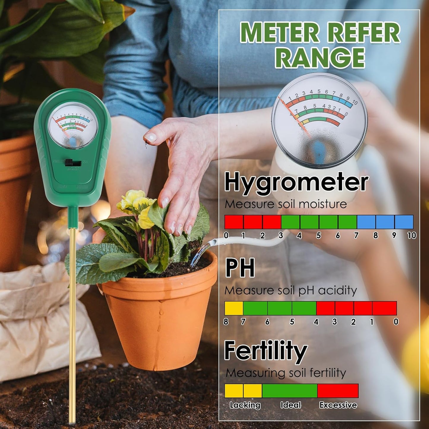 Soil Test Kit, 3 in 1 Soil Moisture Meter/Soil pH Meter/Fertility for Gardening - No Battery Required Large Dial Soil PH Meter Garden, Lawn, Farm, Indoor & Outdoor
