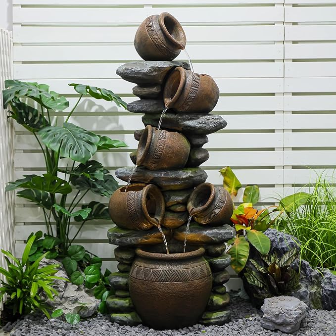 59.84 Inch Outdoor Water Fountain with LED Lights and Pump - Freestanding Waterfall Garden Feature for Patio, Yard, Courtyard