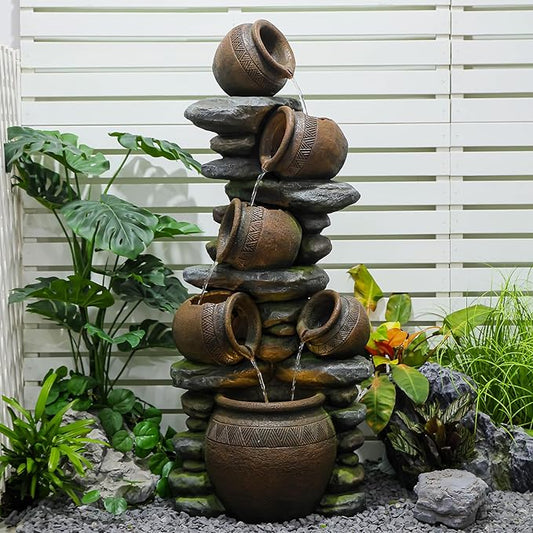 59.84 Inch Outdoor Water Fountain with LED Lights and Pump - Freestanding Waterfall Garden Feature for Patio, Yard, Courtyard