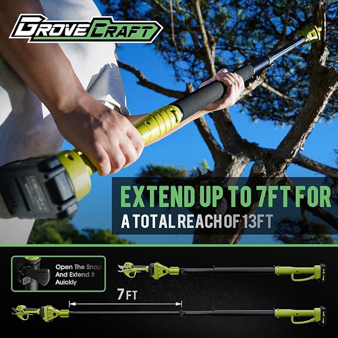 20V 2-in-1 Brushless Pole Pruning Shear with 2 Battery, Battery Powered Cordless Electric Pruning with Lubricant, 1-Inch Cutting Diameter Tree Pruner(Fast Charger Included)