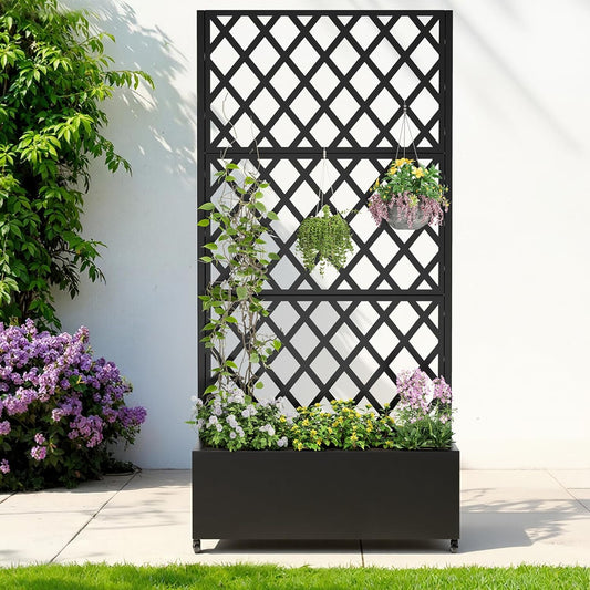 Metal Raised Garden Bed with Trellis & Wheels,72" x 35"x 15.7" Planter Box with Trellis,Privacy Planters for Patio,Garden Bed for Climbing Plants,Suitable for Climbing Plants and Vegetables,Black