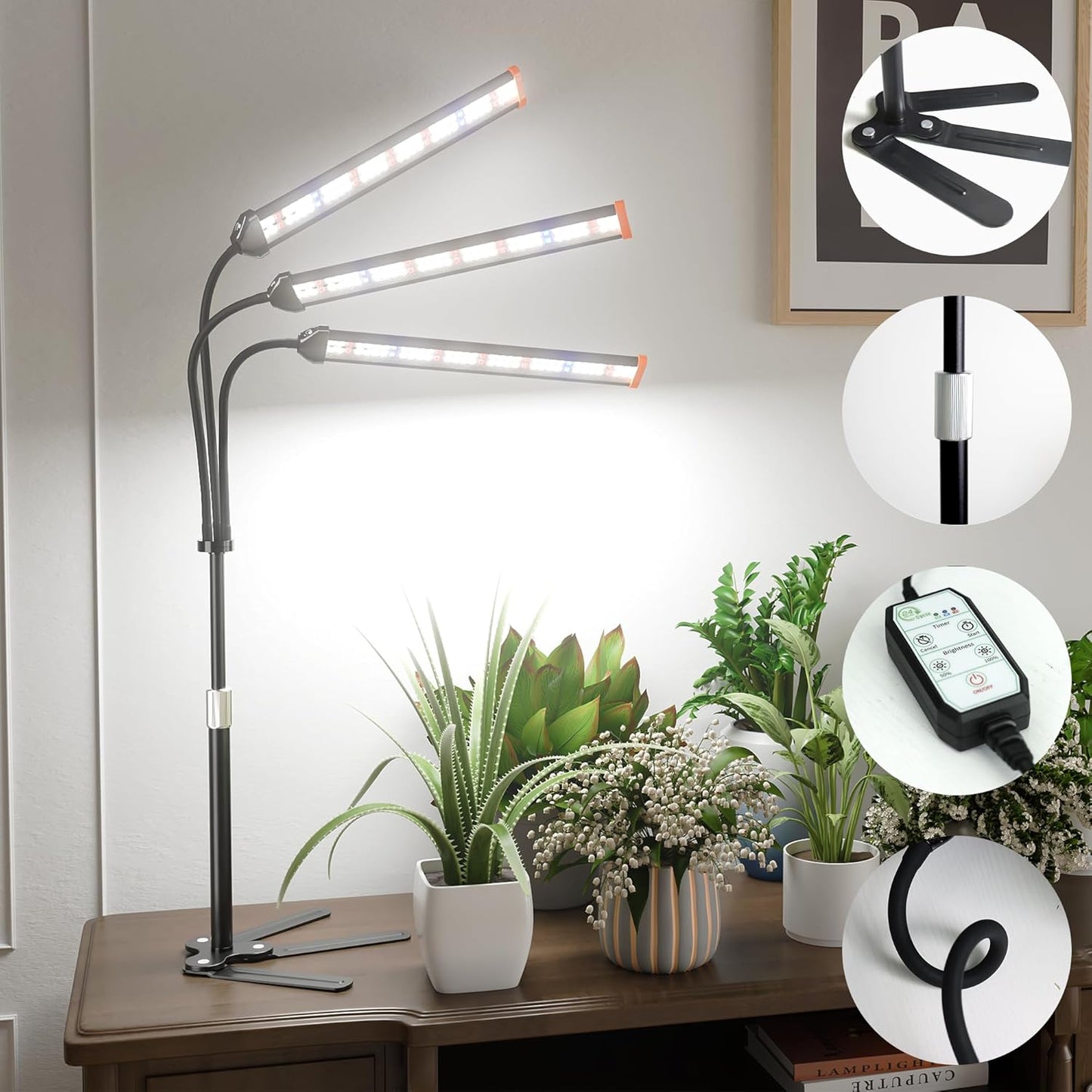 GooingTop Grow Light for Indoor Plants,5000K Full Spectrum Growing Plant Lamp with White Red Blue LED for Pots Succulents Seed Starting,Height Adjustable 10-32'' with Optional Dimming & Timer