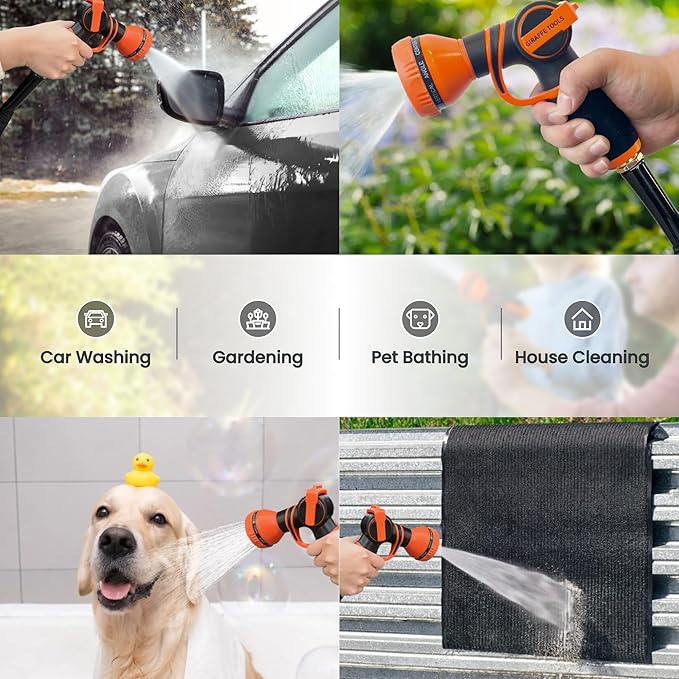 Giraffe Tools Garden Hose 75FT Lightweight Lay Flat Water Hose Kink Free Flexible Hose with 9 Spray Function Nozzle（Black）