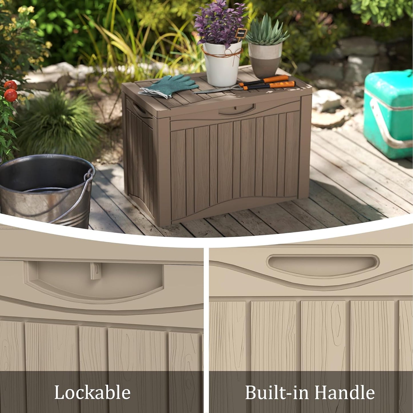 TARKARI 50 Gallon Lockable Resin Deck Box, Waterproof & UV-Resistant Outdoor Storage Box for Outdoor Cushion Storage, Garden Tools & Pool Accessories Storage, Gray