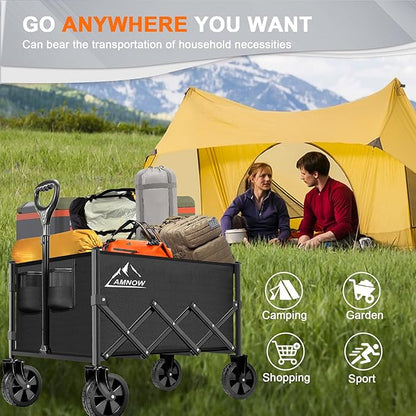 Collapsible Folding Wagon Cart, 350LBS Utility Large Capacity Cart Foldable Wagon with All Terrain Wheels, Grocery Wagons Carts for Garden Shopping Sports Camping, Black