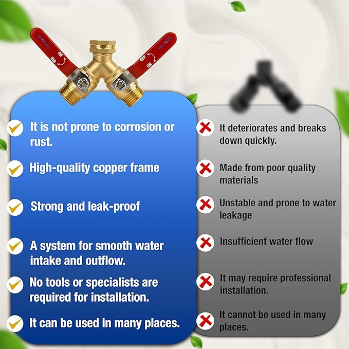 Premium 2 Way Brass Hose Splitter 3/4" Heavy Duty Leakproof Y Valve Garden Faucet Spigot Splitter Easy Long Handles With Extra Fittings and Teflon
