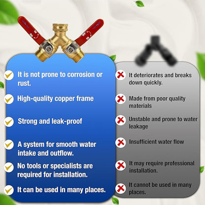 Premium 2 Way Brass Hose Splitter 3/4" Heavy Duty Leakproof Y Valve Garden Faucet Spigot Splitter Easy Long Handles With Extra Fittings and Teflon