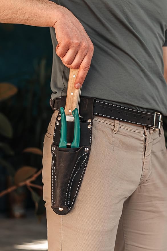 Hori Hori Leather Sheath Belt with Pruner and Scissor Pockets. Personalized Florist Tool Belt Leather, Gardening Belt with Pockets. (Black/Grey, One Size - Adjustable)