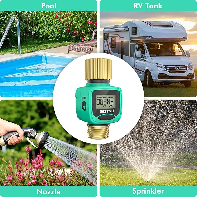 [2 Pack] RESTMO Water Flow Meter, Pure Brass Inlet & Outlet | 4 Measure Modes | Display Gallon/Liter Usage and Flow Rate | Ideal to Outdoor Garden Hose, Lawn Sprinkler Watering, RV Water Tank Filling