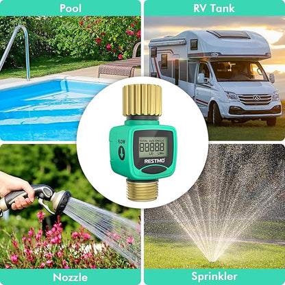 [2 Pack] RESTMO Water Flow Meter, Pure Brass Inlet & Outlet | 4 Measure Modes | Display Gallon/Liter Usage and Flow Rate | Ideal to Outdoor Garden Hose, Lawn Sprinkler Watering, RV Water Tank Filling