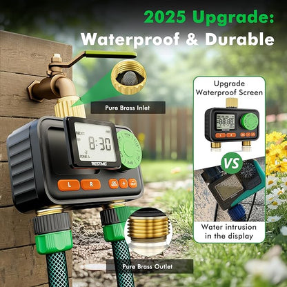 RESTMO RF Remote Controlled Sprinkler Timer with Brass Inlet & Outlet, Water Timer for Garden Hose, Automatic/Manual/Rain Delay for Outdoor Faucet, Drip Irrigation and Lawn Watering, 2 Outlet