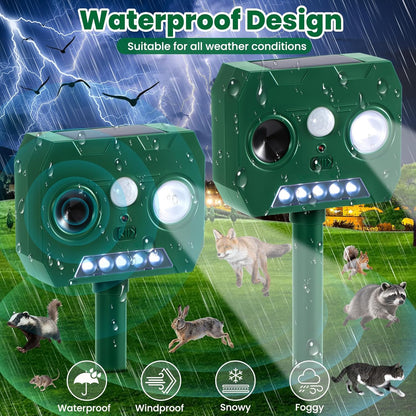 Solar Ultrasonic Animal Repellent Outdoor, 2 Pack Cat Squirrel Raccoon Bird Dog Deer Repellent Devices with PIR Motion Sensor ＆ LED Flash, Waterproof Animal Deterrent for Garden Yard Farm