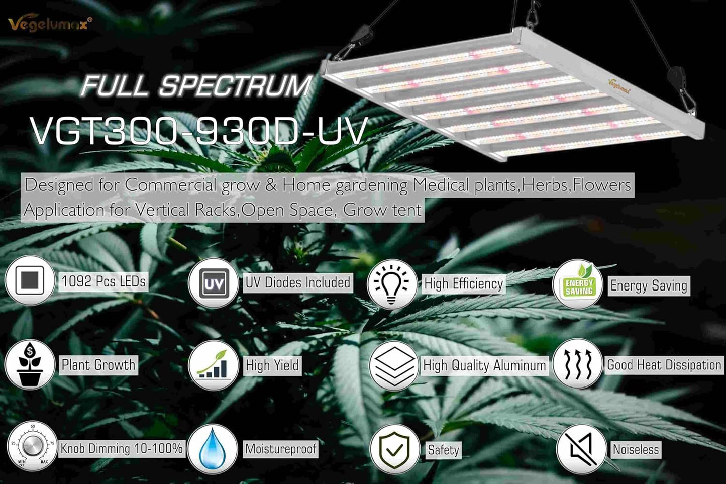 300Watt LED Grow Lamp UV IR Full Spectrum 4x4 5x5ft Coverage Grow Light Bar with 1092pcs Diodes 7 Bars Led Plant Growing Lamp for Vertical Farming Commercial Dimmable, Easy Installation