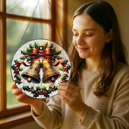Stained Glass Window Hanging, Pauyadu Sun Catchers Indoor Window, Bells Christmas Suncatcher, Christmas Home Decor, Festive Gifts for Friends, Neighbor - 8 Inch