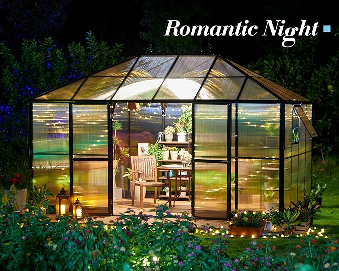 Jocisland 14x9.5x9 FT Polycarbonate Greenhouse- 6 FT Wall Height Outdoor Aluminum Greenhouses with 2 Ventilation and Rain Gutter, Double Doors with Hook, Walk-in Greenhouse for Backyard Garden