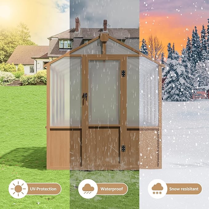 6x8 FT Greenhouse, 6MM Thick Polycarbonate Panel Wooden Walk-in Green House with Adjustable Roof Vents and Lockable Door,Garden Backyard, Patio, Lawn, Brown