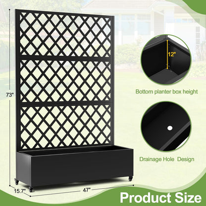 Metal Planter Trellis Box with Wheels & Drain Plug Outdoor Raised Garden Bed Patio Privacy Screen with Planter for Climbing Plants, Vegetables 73"x47"x16" Black-Diamond