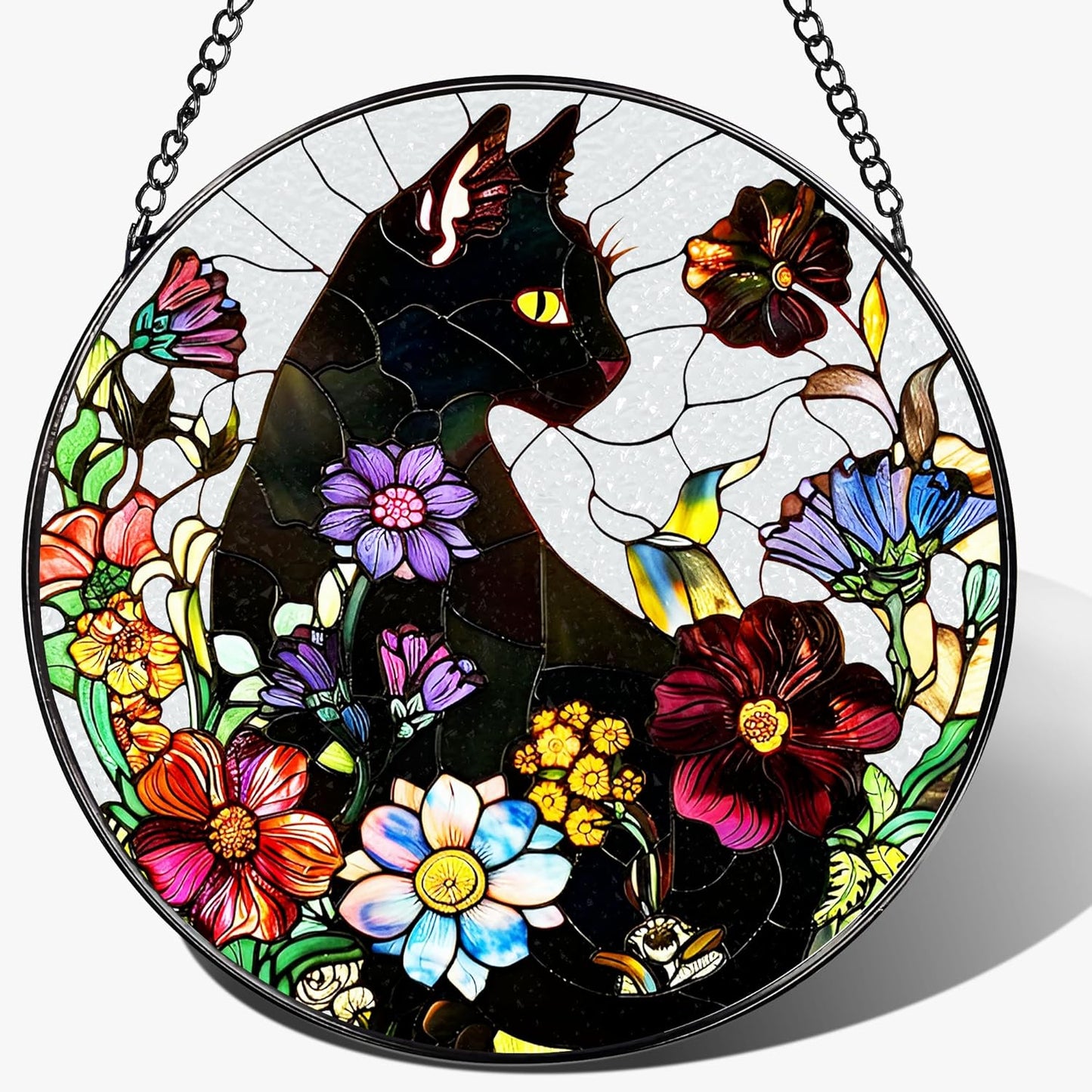 Stained Glass Window Hanging, 8 Inch Black Cat Sun Catcher, Stained Glass Suncatcher, Suncatchers for Windows, Window Decor Hanging, Cats Lover Gifts, Cat Lover Decor, Gifts for Cats Lovers