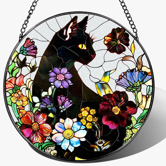 Stained Glass Window Hanging, 8 Inch Black Cat Sun Catcher, Stained Glass Suncatcher, Suncatchers for Windows, Window Decor Hanging, Cats Lover Gifts, Cat Lover Decor, Gifts for Cats Lovers