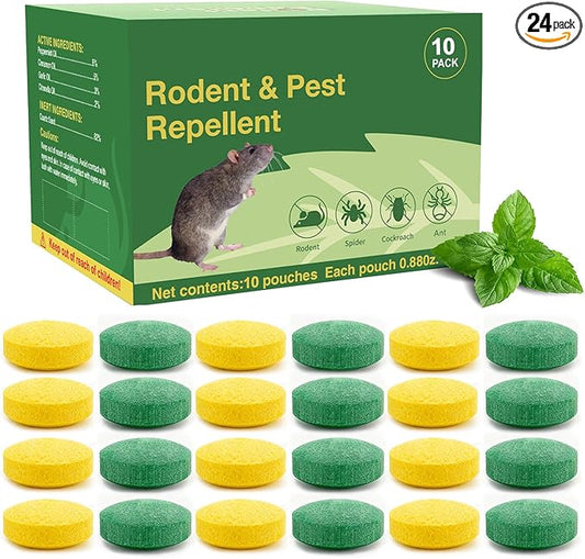 Rodent Repellent with Peppermint Oil -Mouse/Rat/Squirrel Repellent for Garage/Attic/Car Engine - Natural Indoor & Outdoor Mice/Mole Deterrent, Safe vs Moth Balls & Traps (24 Pack)
