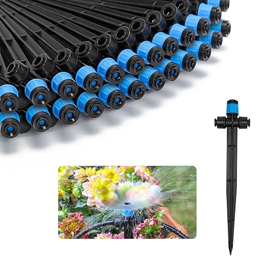 MIXC 20pcs Two-Way Quick-Connect Drip Irrigation Emitters for 1/4" Drip Irrigation Tubing - Adjustable Push-to-Connect 360° Drip Emitters Vortex on 7" Sturdy Stake for Irrigation System