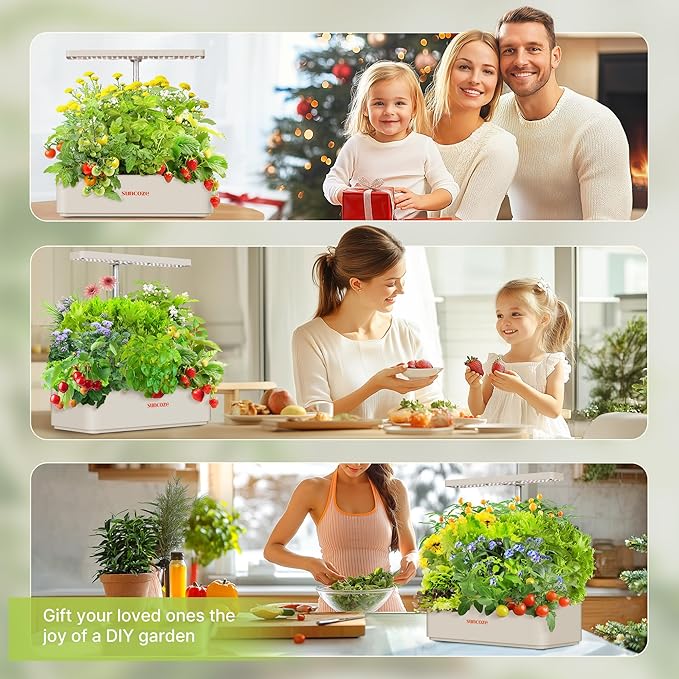 SUNCOZE Hydroponics Growing System Kit 12 Pods, 24W LED Grow Light Indoor Garden, 4L Water Tank with Quiet Pump, Adjustable Height Herb Garden Planter Indoor Kit, Gardening Gifts, Beige