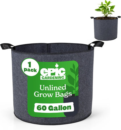 Epic Gardening 1 Pack 60 Gallon Grow Bags with Handles (Unlined) - Heavy Duty Fabric Pots for Vegetables, Herbs & Flowers - Breathable Cloth Planters for Indoor & Outdoor Gardening, Moisture Retaining